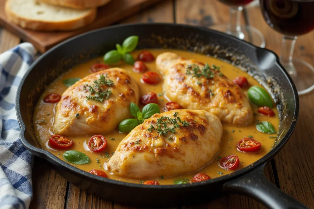 A skillet of Marry Me Chicken with creamy sauce, sun-dried tomatoes, and fresh herbs.