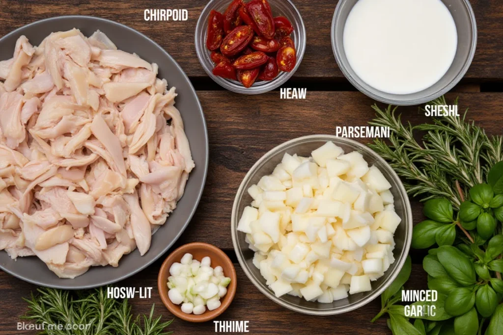 A flat-lay of ingredients for Marry Me Chicken Soup, including chicken, sun-dried tomatoes, Parmesan, fresh herbs, and cream