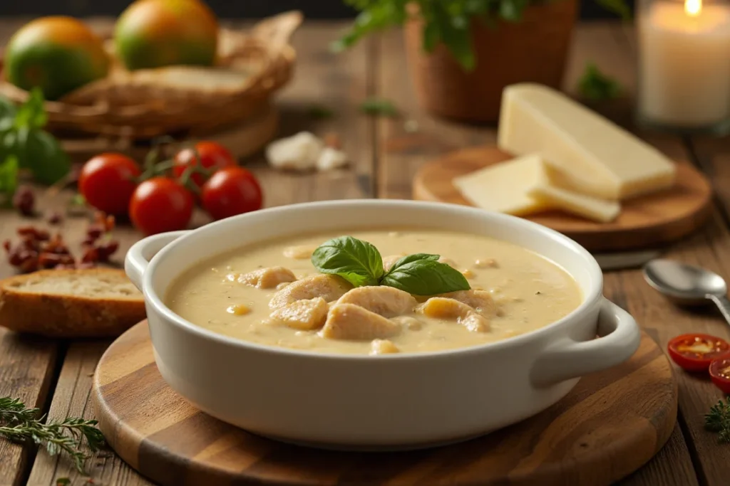 A romantic table setting featuring a steaming bowl of creamy Marry Me Chicken Soup garnished with fresh basil, surrounded by sun-dried tomatoes, Parmesan cheese, and crusty bread.