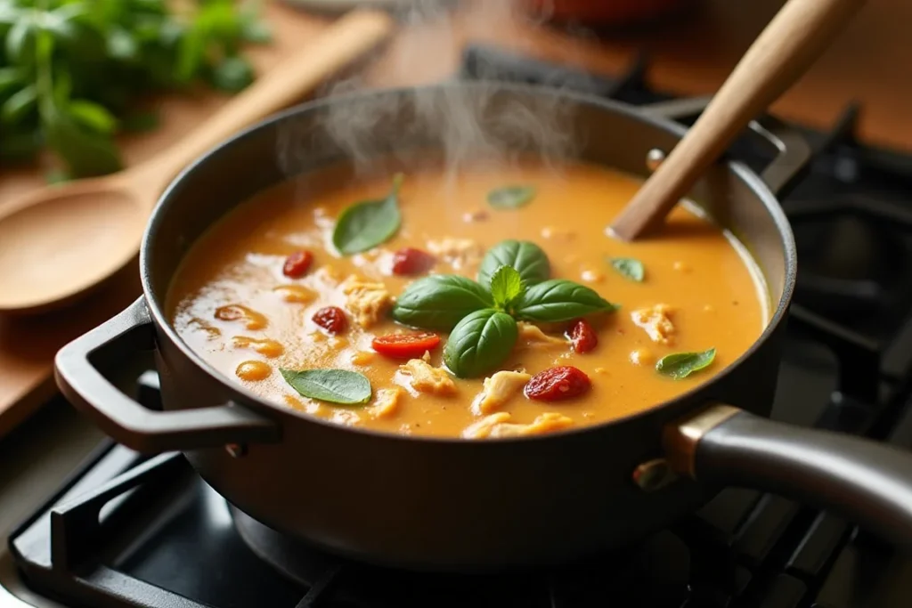 A pot of creamy Marry Me Chicken Soup simmering on the stove with fresh basil garnish.