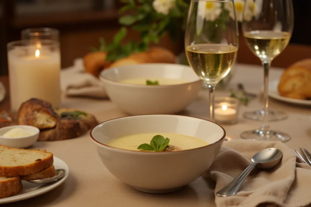 A beautifully plated bowl served with crusty bread and a glass of white wine.