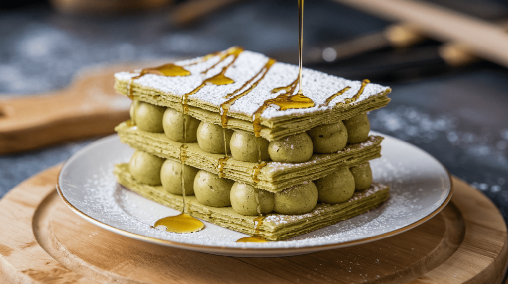 A delicate matcha mille-feuille with flaky pastry layers and green tea cream, garnished with powdered sugar and a drizzle of honey.