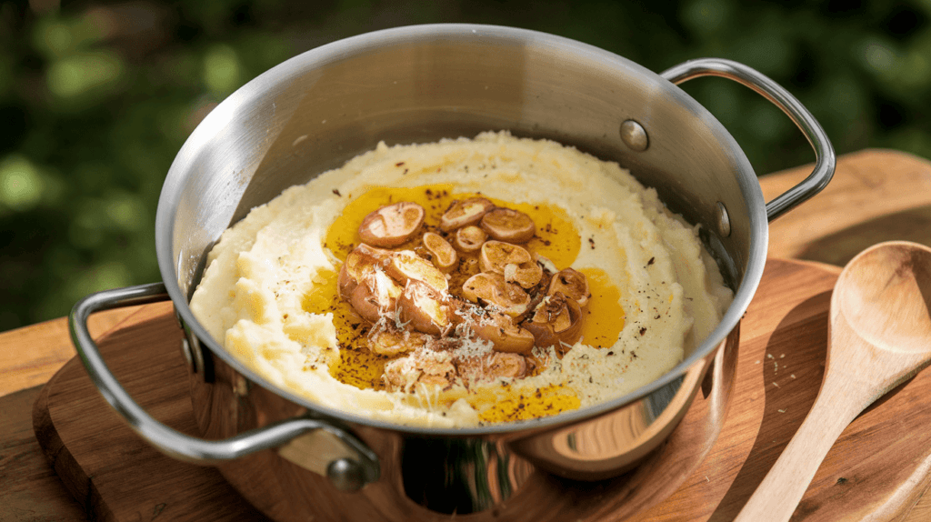 Mashed potatoes being mixed with roasted garlic, butter, and parmesan.
