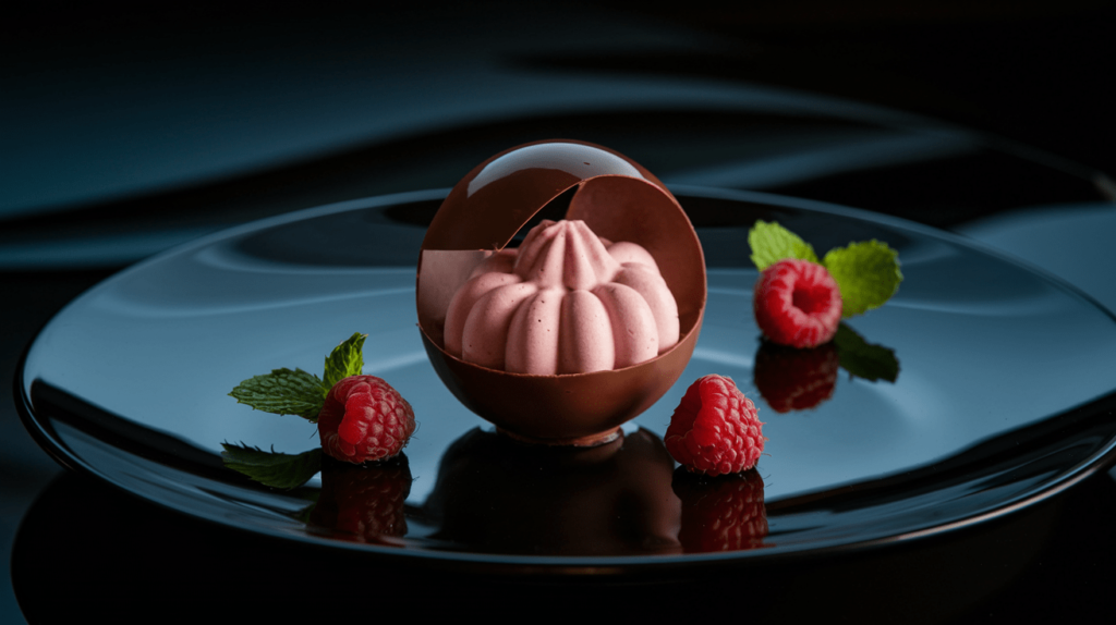 A molecular gastronomy dessert featuring a delicate chocolate bubble filled with raspberry mousse, served on a sleek black plate.