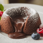 A rich chocolate lava cake with a molten center served on a white plate, garnished with powdered sugar and fresh berries.