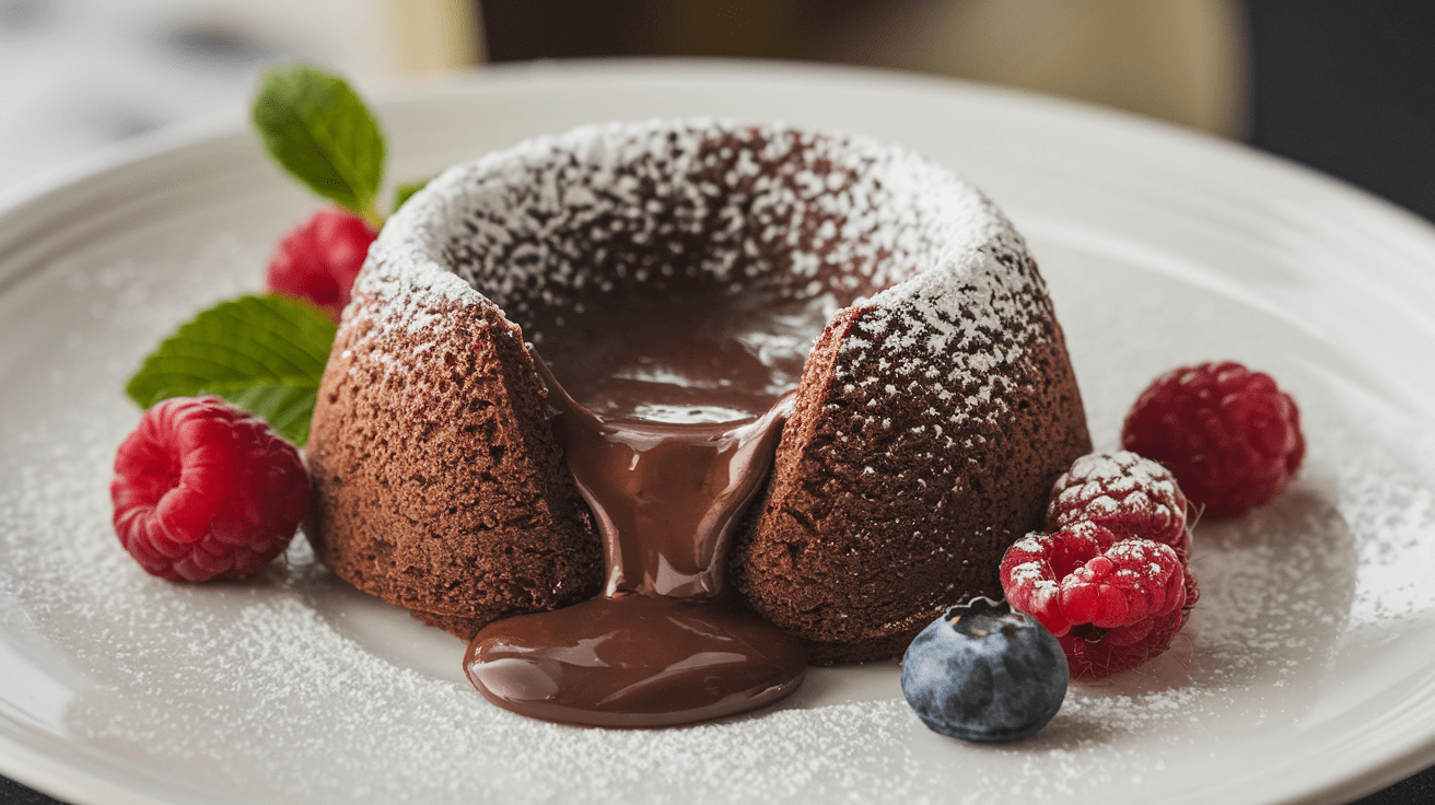 A rich chocolate lava cake with a molten center served on a white plate, garnished with powdered sugar and fresh berries.