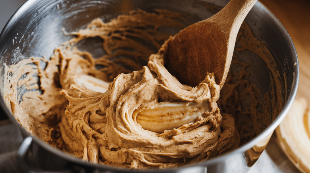 A close-up of banana bread batter being overmixed in a mixing bowl, showing a dense and overworked texture.