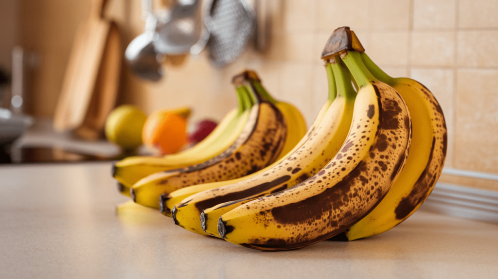 A bunch of overripe bananas with brown spots, ideal for baking fluffy banana bread.