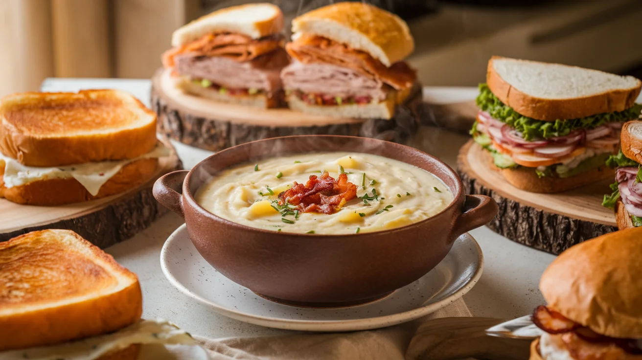 A cozy table with a steaming bowl of potato soup surrounded by grilled cheese, turkey club, and BLT sandwiches.