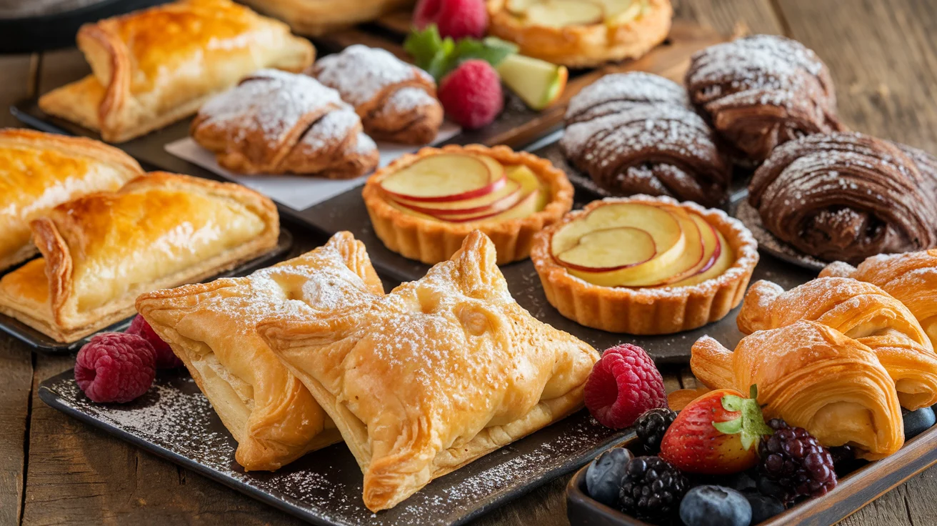 An assortment of puff pastry desserts, including turnovers, tartlets, and chocolate croissants on a rustic table.