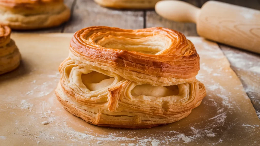 A close-up view of puff pastry showing its flaky layers and buttery texture