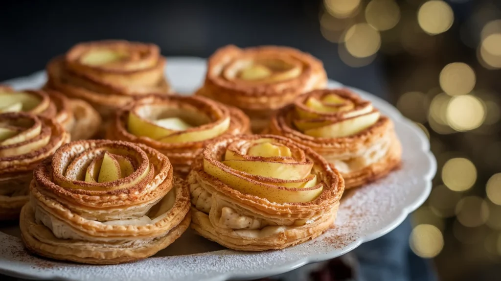 Puff pastry rosettes with apple slices and cinnamon sugar topping.