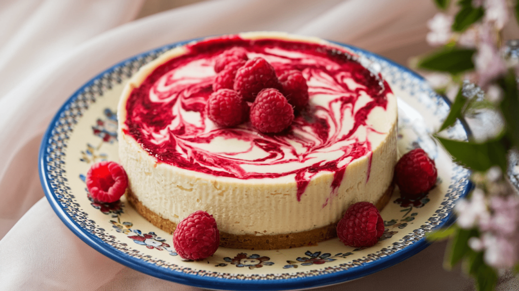 A creamy cheesecake with a raspberry swirl topping, served on a ceramic plate with fresh raspberries on the side.