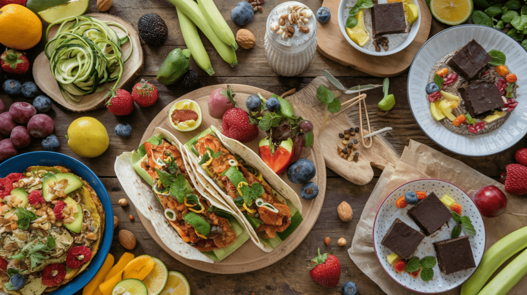 A beautiful spread of raw vegan dishes, including zucchini noodles, raw vegan tacos, chia pudding parfait, and raw brownies, surrounded by fresh fruits and vegetables on a rustic table.