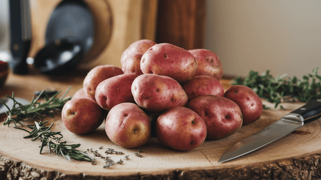 Fresh red-skinned potatoes on a wooden cutting board.