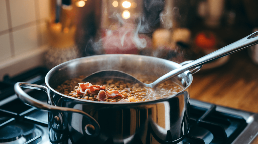 Lentil and bacon soup being reheated in a pot on the stove with steam rising.