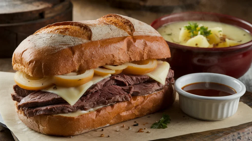 A roast beef sandwich with Swiss cheese and caramelized onions served with a bowl of potato soup.