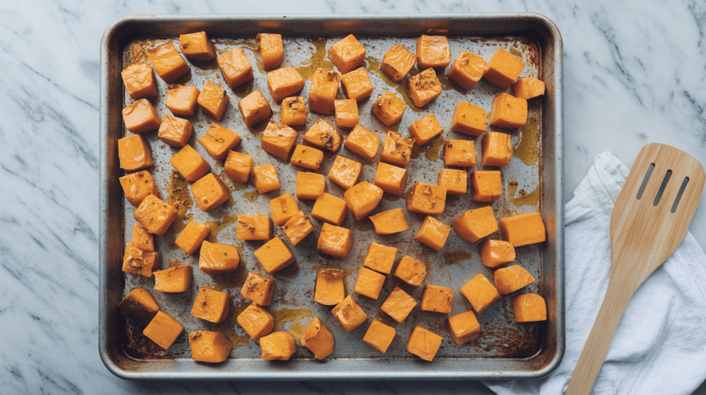 Cubes of roasted butternut squash on a baking tray with a sprinkle of curry powder and olive oil.