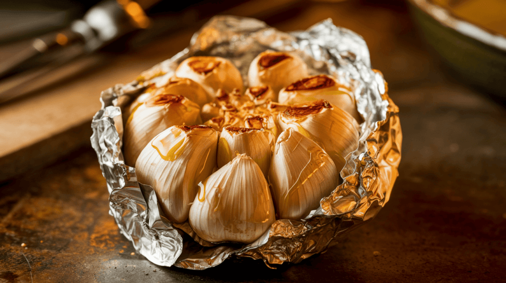 A head of roasted garlic with golden brown cloves on a foil wrap.