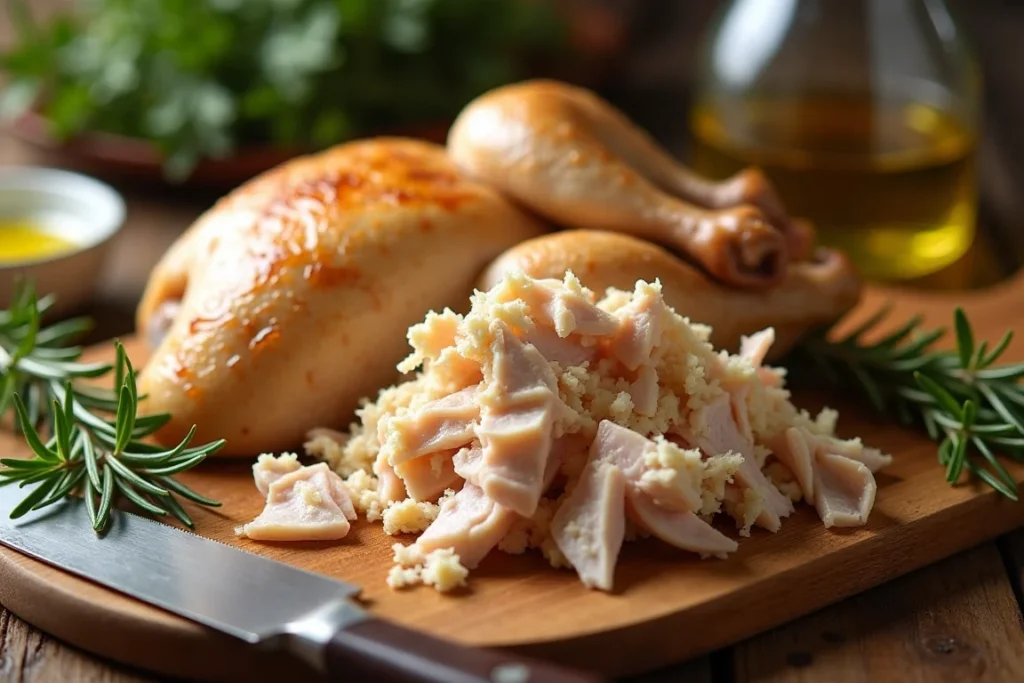 Shredded rotisserie chicken on a cutting board surrounded by fresh herbs.