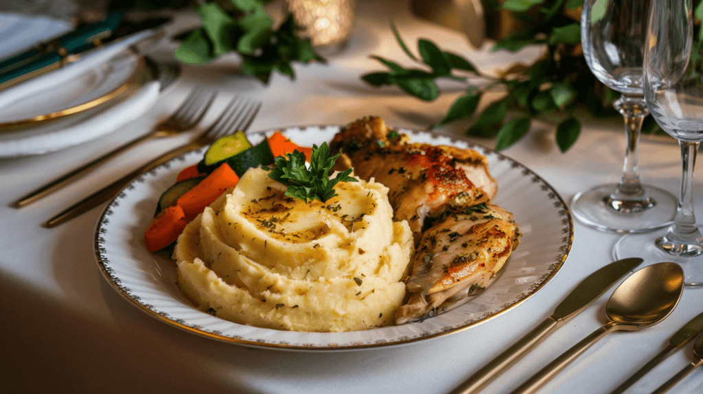 Garlic parmesan mashed potatoes served with parsley and a drizzle of butter.