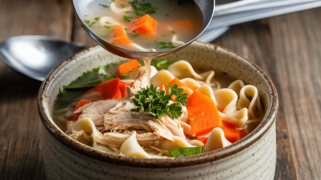 A ladle pouring gluten-free chicken noodle soup into a bowl, garnished with fresh parsley.