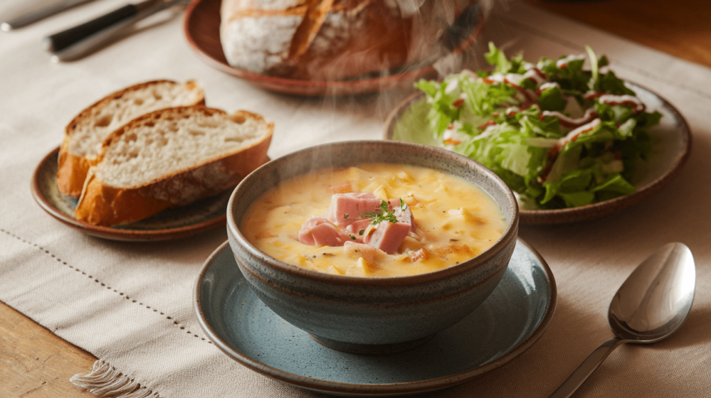 A meal pairing of cheesy ham and potato soup with a side salad and a slice of sourdough bread.