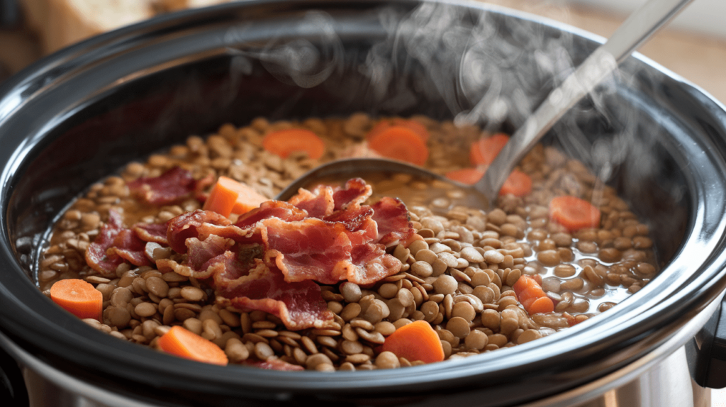 Lentil and bacon soup simmering in a slow cooker with a ladle ready for serving.