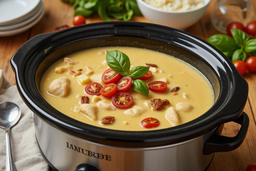 A slow cooker filled with creamy Marry Me Chicken Soup, garnished with basil.