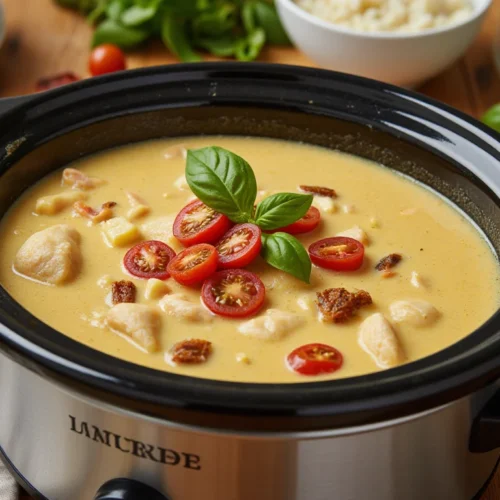 A slow cooker filled with creamy Marry Me Chicken Soup, garnished with basil.