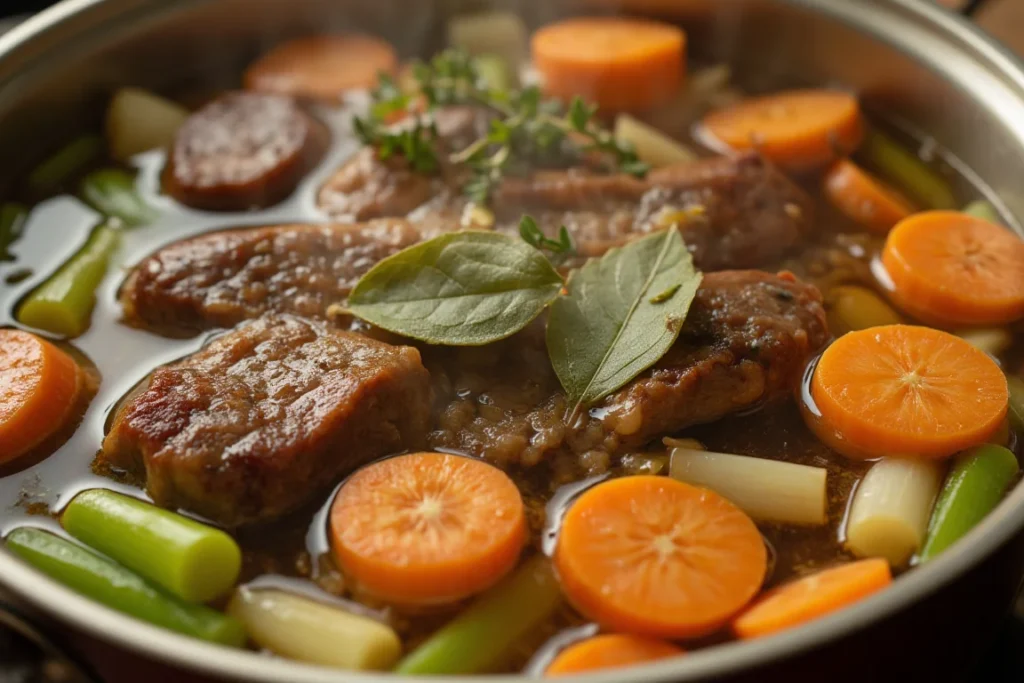 A simmering pot of soup bones with vegetables, releasing gelatin and nutrients into the broth.