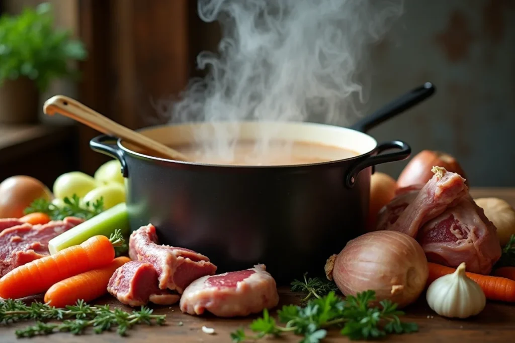 A rustic kitchen scene featuring a steaming pot of soup bone broth surrounded by fresh vegetables and a variety of soup bones.