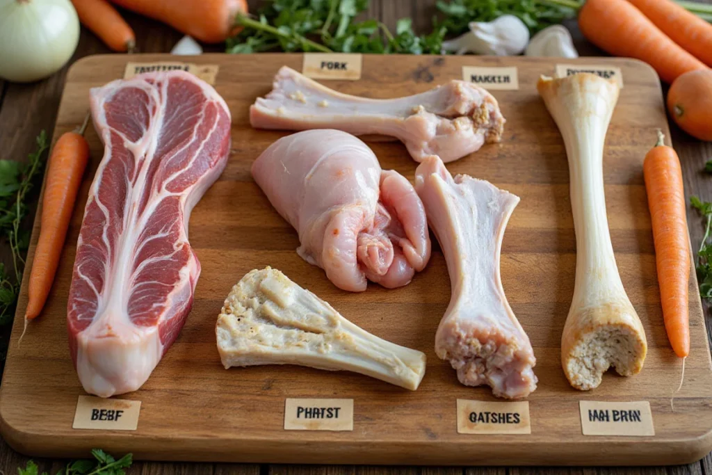 A selection of beef, chicken, pork, and fish soup bones displayed on a rustic wooden surface.