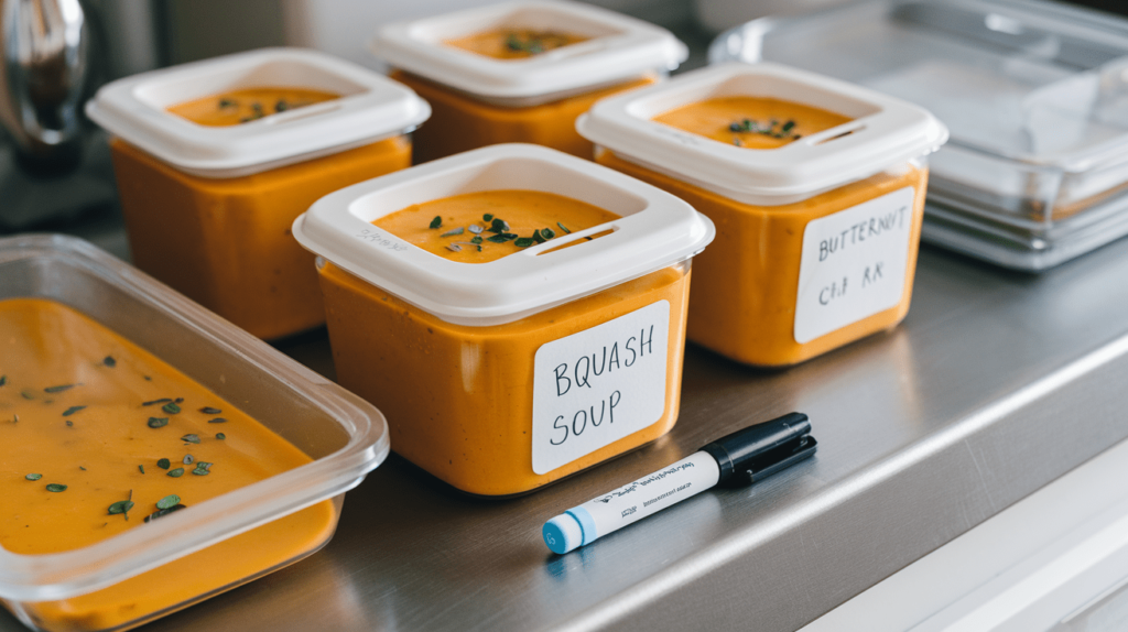 Portions of butternut squash soup stored in freezer-safe containers, labeled and ready for freezing.