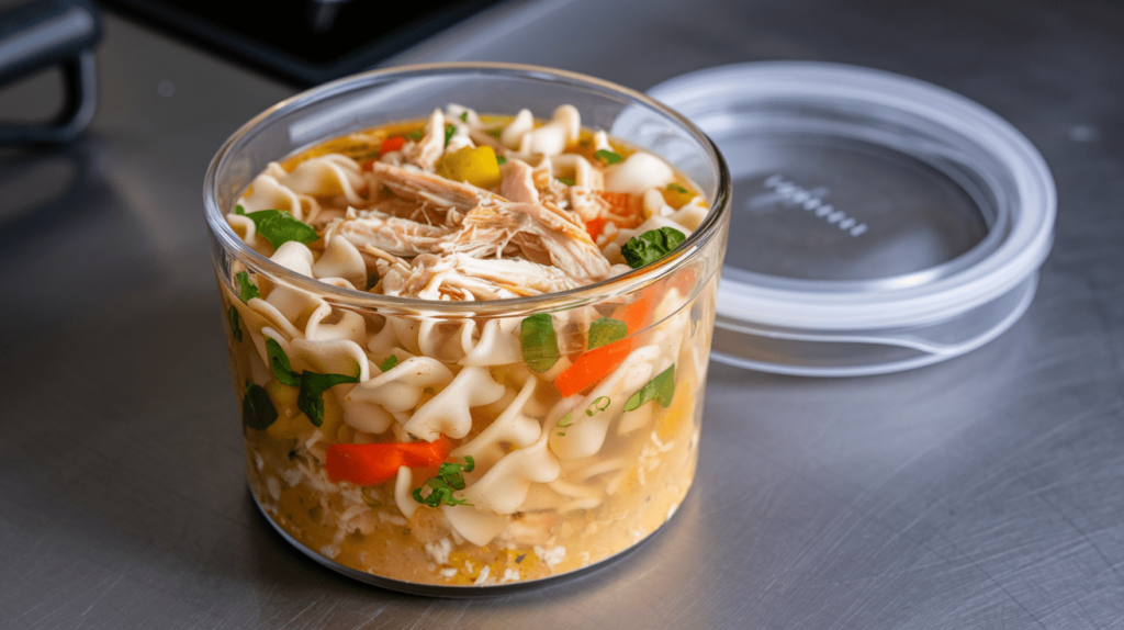 A glass container filled with gluten-free chicken noodle soup, ready for storage in the fridge.