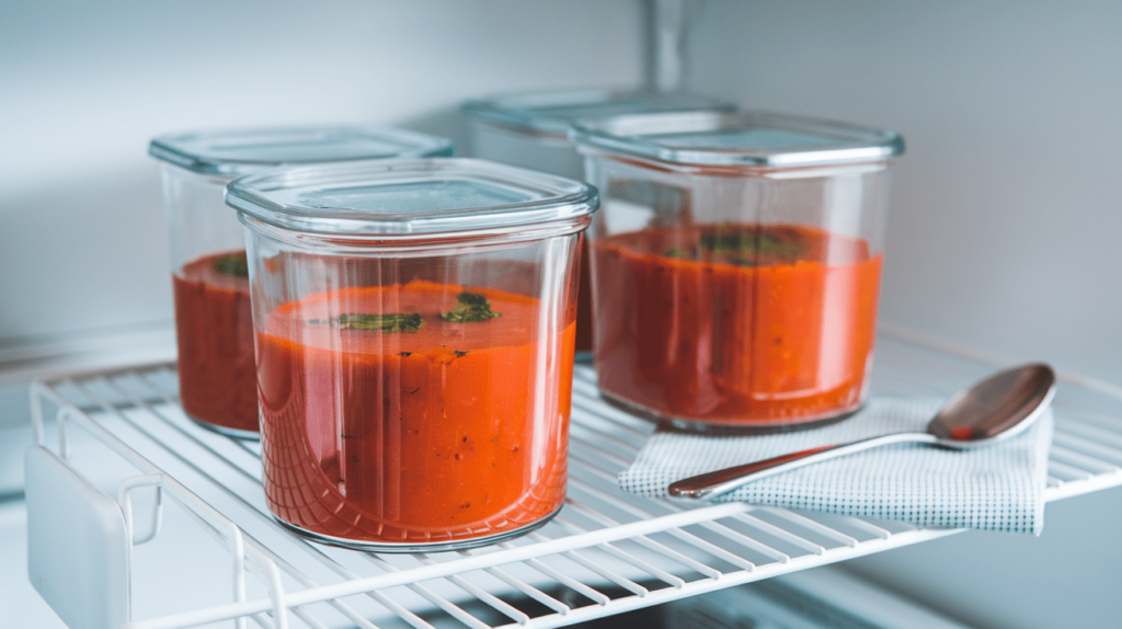 Airtight containers filled with tomato and red pepper soup, ready for storage.