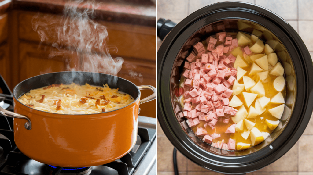 A side-by-side comparison of cheesy ham and potato soup being cooked on a stovetop and in a crockpot.