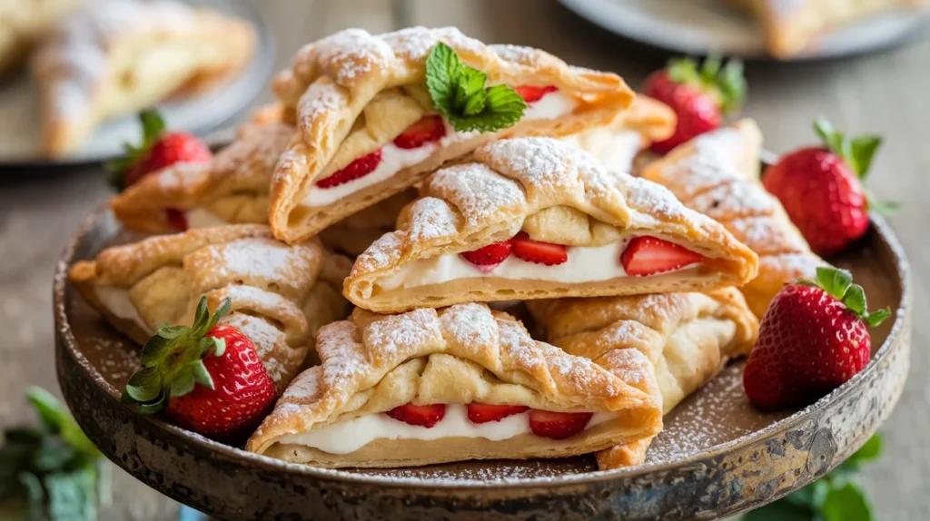 Strawberry cream cheese turnovers with a golden crust and powdered sugar topping.