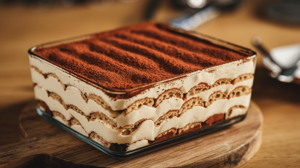 Traditional tiramisu with layers of coffee-soaked ladyfingers and mascarpone cream, dusted with cocoa powder, served in a glass dish.