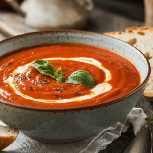 A bowl of tomato and red pepper soup garnished with fresh basil and a drizzle of cream.