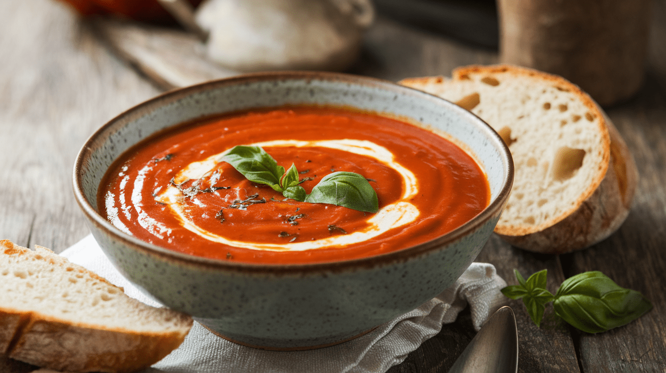 A bowl of tomato and red pepper soup garnished with fresh basil and a drizzle of cream.