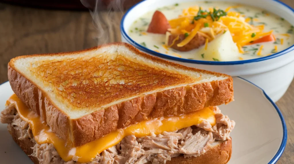 A tuna melt sandwich with melted cheddar cheese served alongside potato soup garnished with shredded cheese.