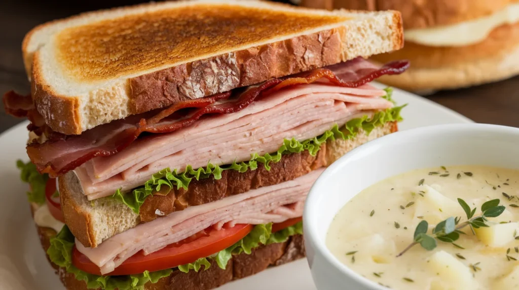 A turkey club sandwich with layers of turkey, bacon, lettuce, and tomato on toasted bread served with potato soup.