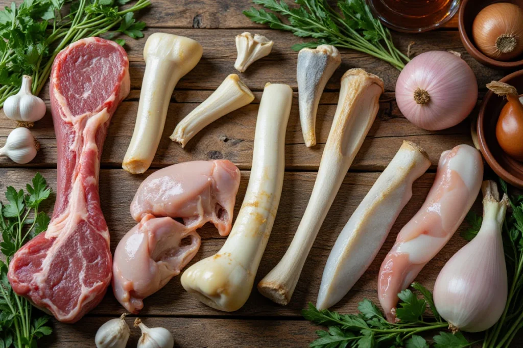 Different soup bones including beef knuckles, chicken carcasses, and pork trotters on a butcher's block.