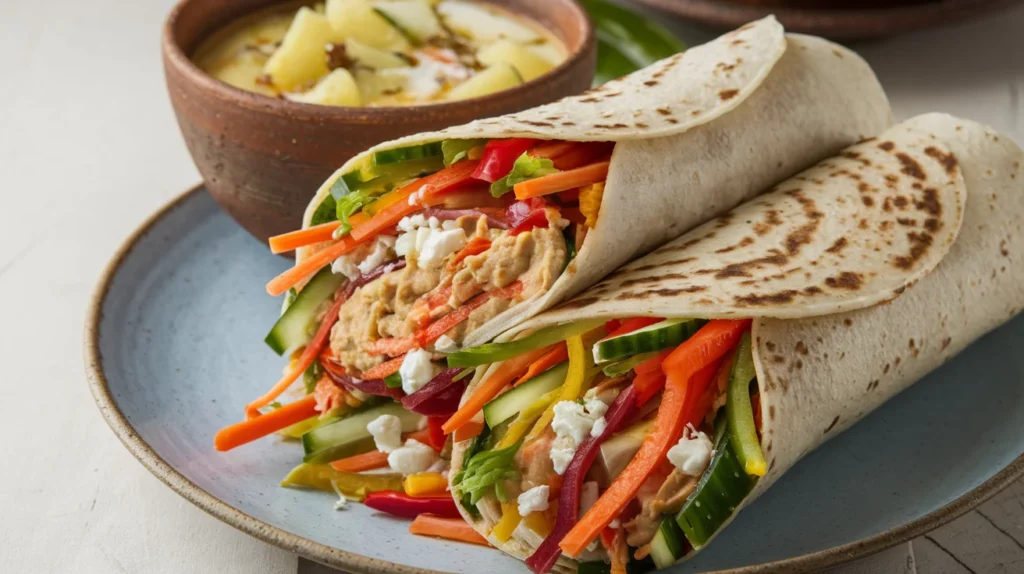 A veggie and hummus wrap filled with fresh vegetables and feta cheese, paired with potato soup.