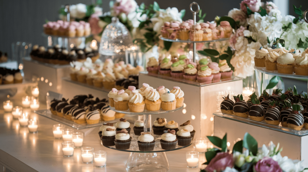 A wedding dessert bar with an assortment of macarons, mini cupcakes, éclairs, and chocolate-dipped strawberries on elegant tiered trays.