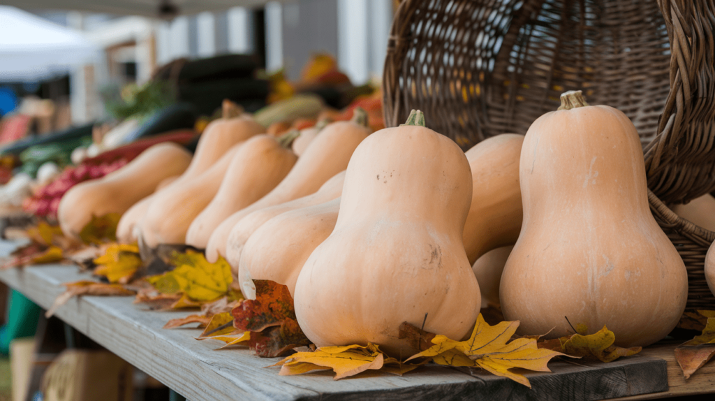 A selection of whole butternut squashes with smooth, matte skin displayed on a market table.