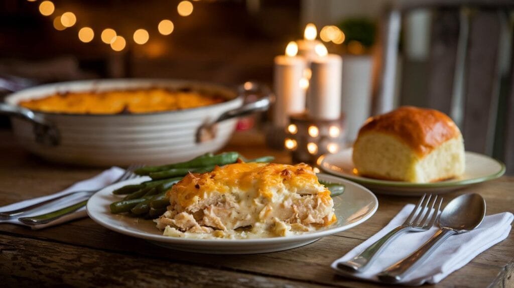 A plated serving of Million Dollar Chicken Casserole with a side of green beans and a dinner roll.