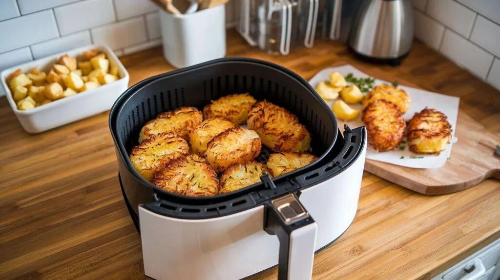An air fryer basket filled with golden hash browns, arranged neatly under bright kitchen lighting.