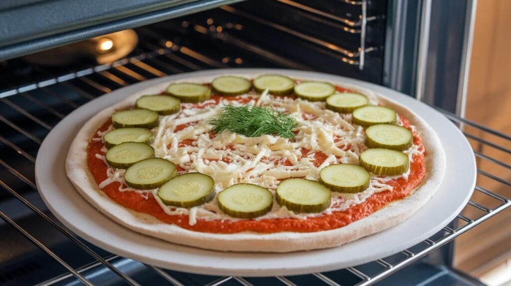 Pizza dough spread with Alfredo sauce, topped with mozzarella and dill pickle slices, ready to be baked.